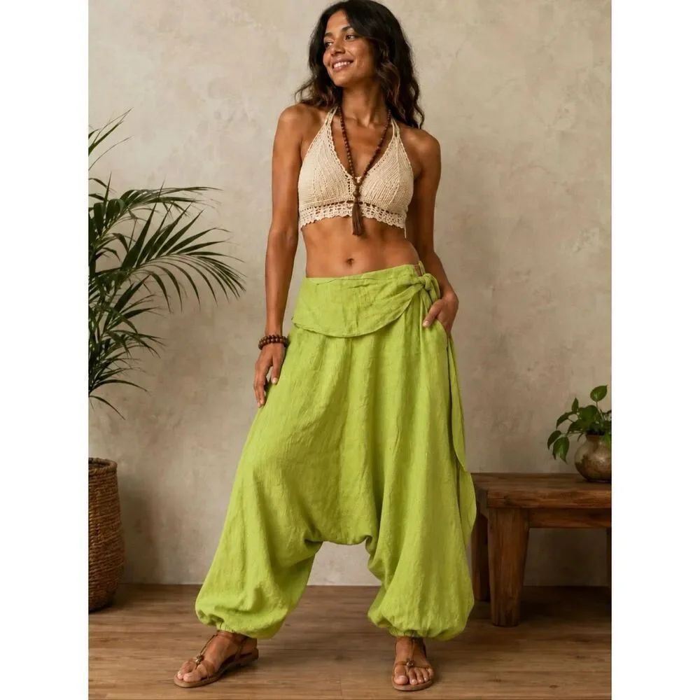 Ingrid Munt harem Aladdin pants lime green linen size Medium